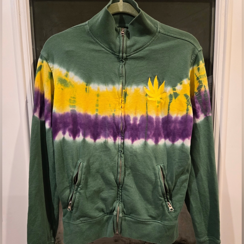 Lucky Brand Vintage Inspired acid wash leaf hoodie Mardi Gras Tie Dye Unisex Sm